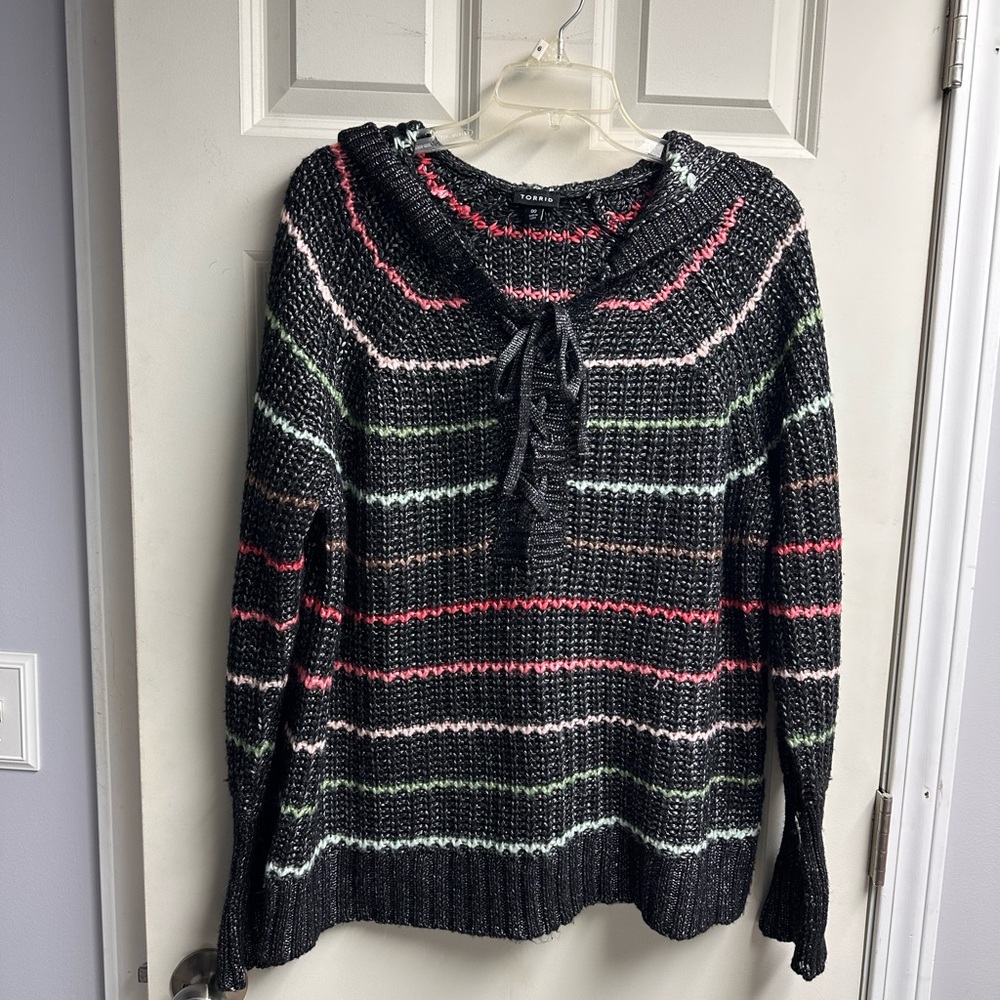 Torrid Black Striped Sweater with Pink and Green Highlights